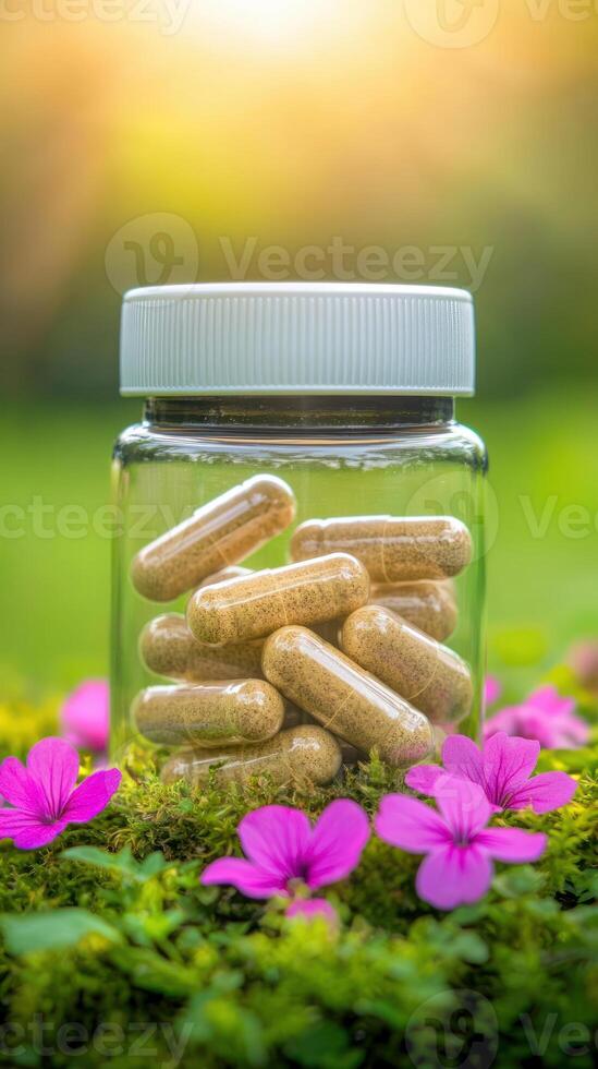 Natural capsules in clear jar surrounded by vibrant flowers and greenery. photo