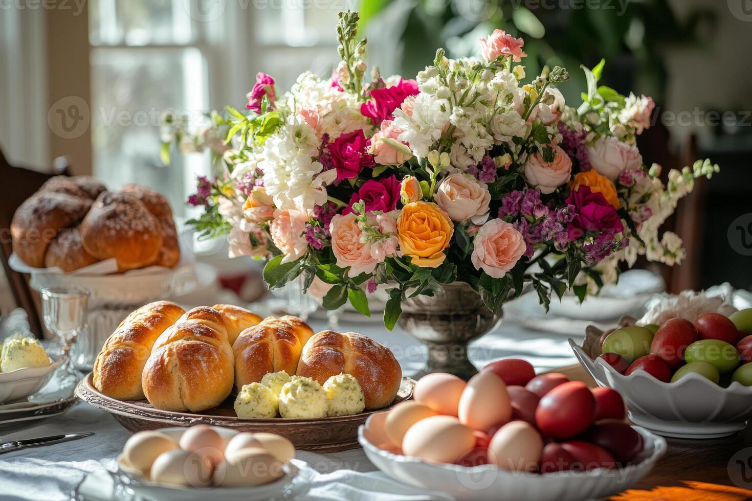Easter table with eggs, bread, and a floral centerpiece photo