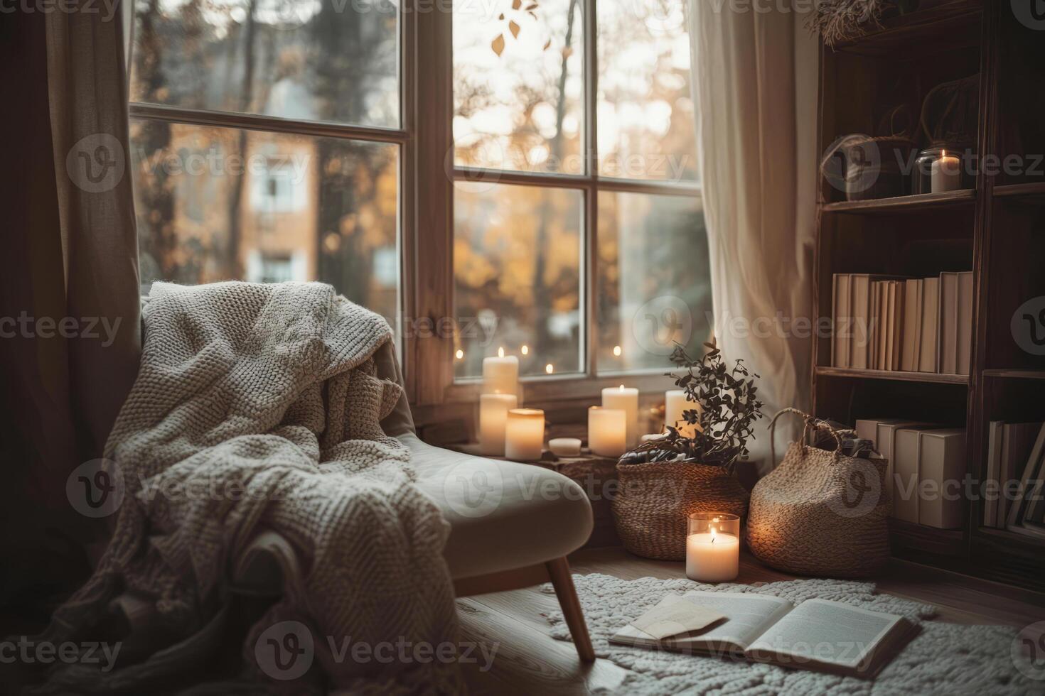 Nook with pillows, blankets, candles, and book photo