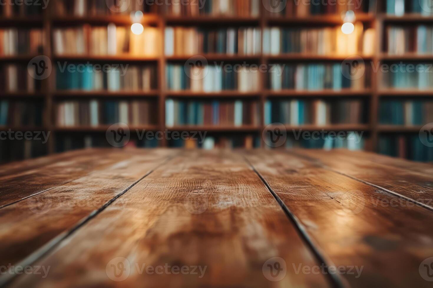 Wooden table with library in the background photo