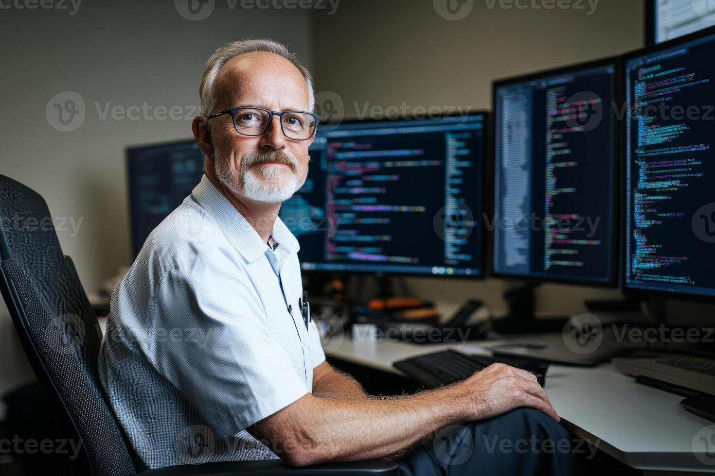 Man analyzing code on multiple monitors in a office setting photo