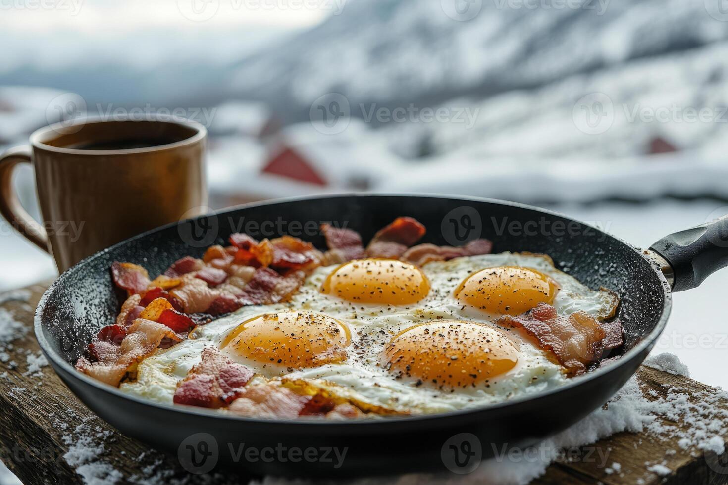 Breakfast of fried eggs and bacon in a skillet, served outdoors with mountain view photo