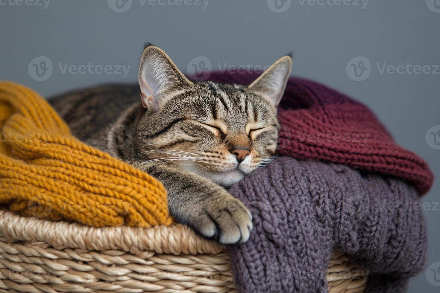 Cat napping in a basket lined with a soft knitted blanket photo