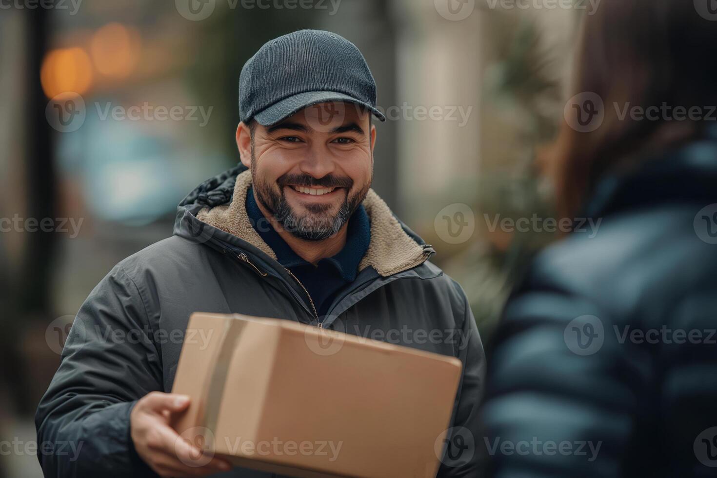 Man in hat handing a package to a recipient photo