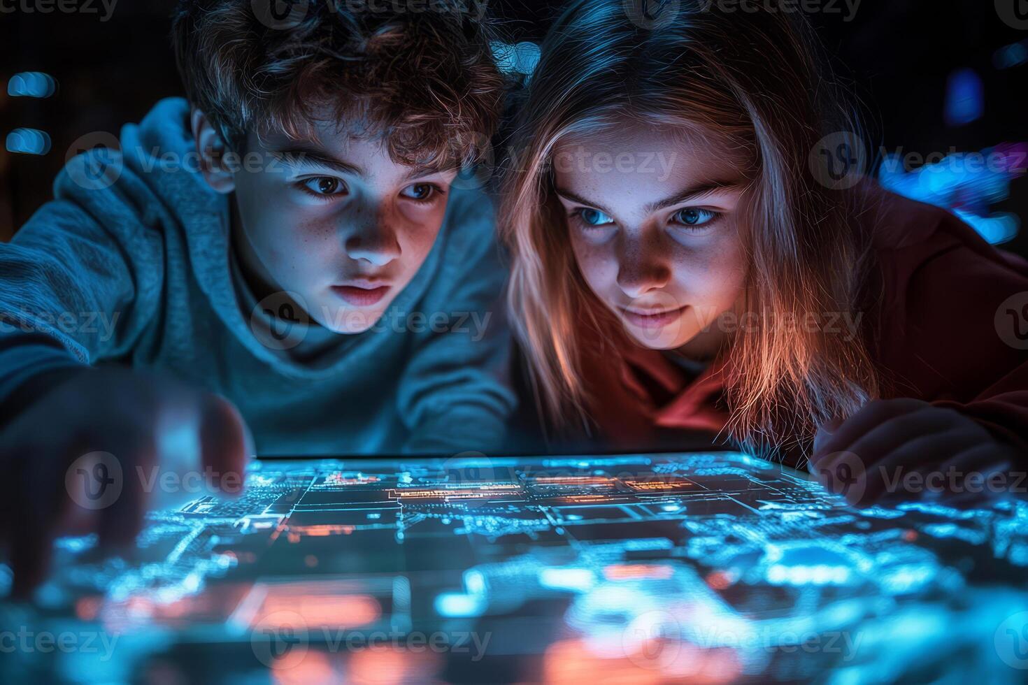 Teenagers exploring futuristic digital hologram display photo