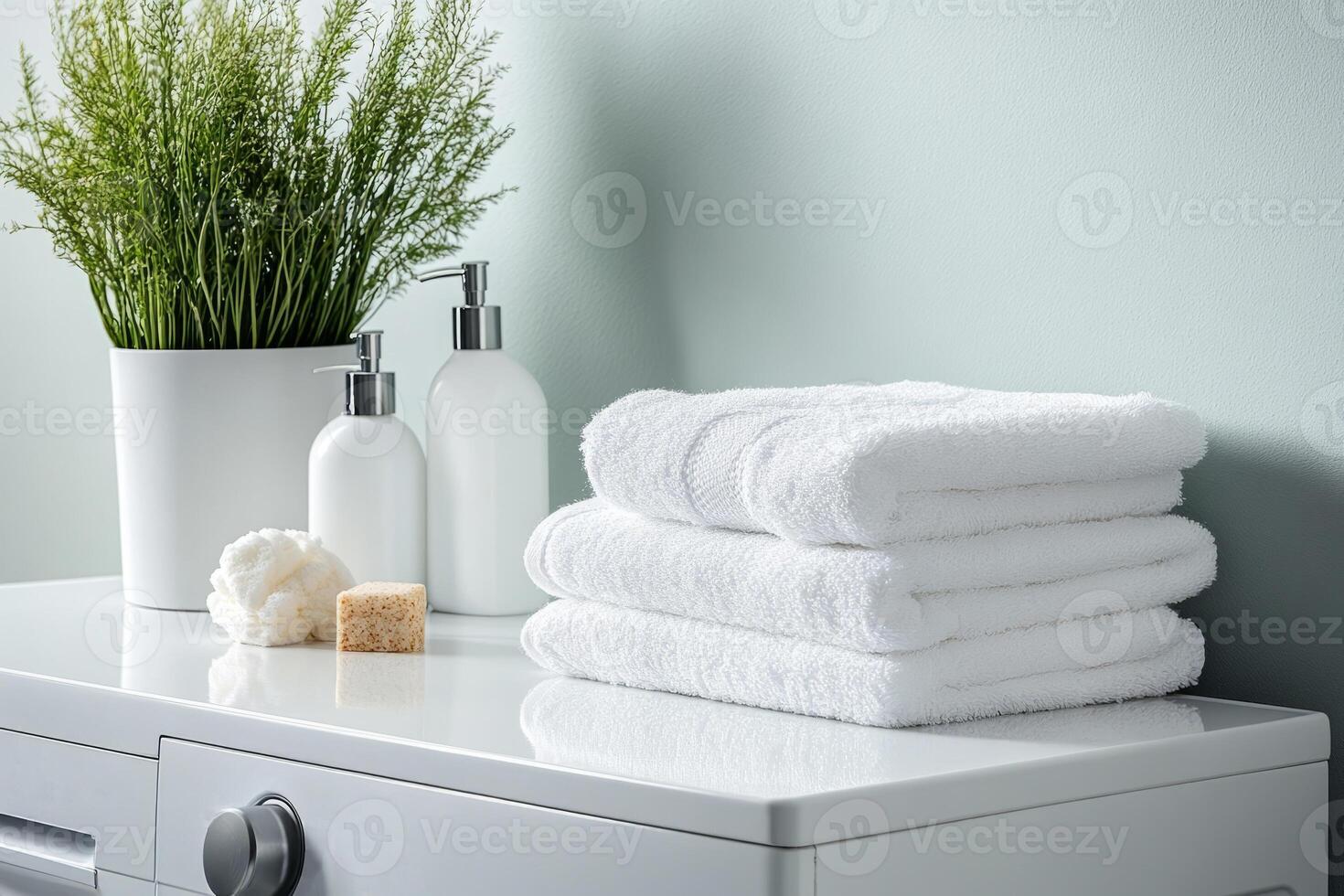 Stack of soft towels on countertop with soap dispensers and a plant in a modern bathroom photo