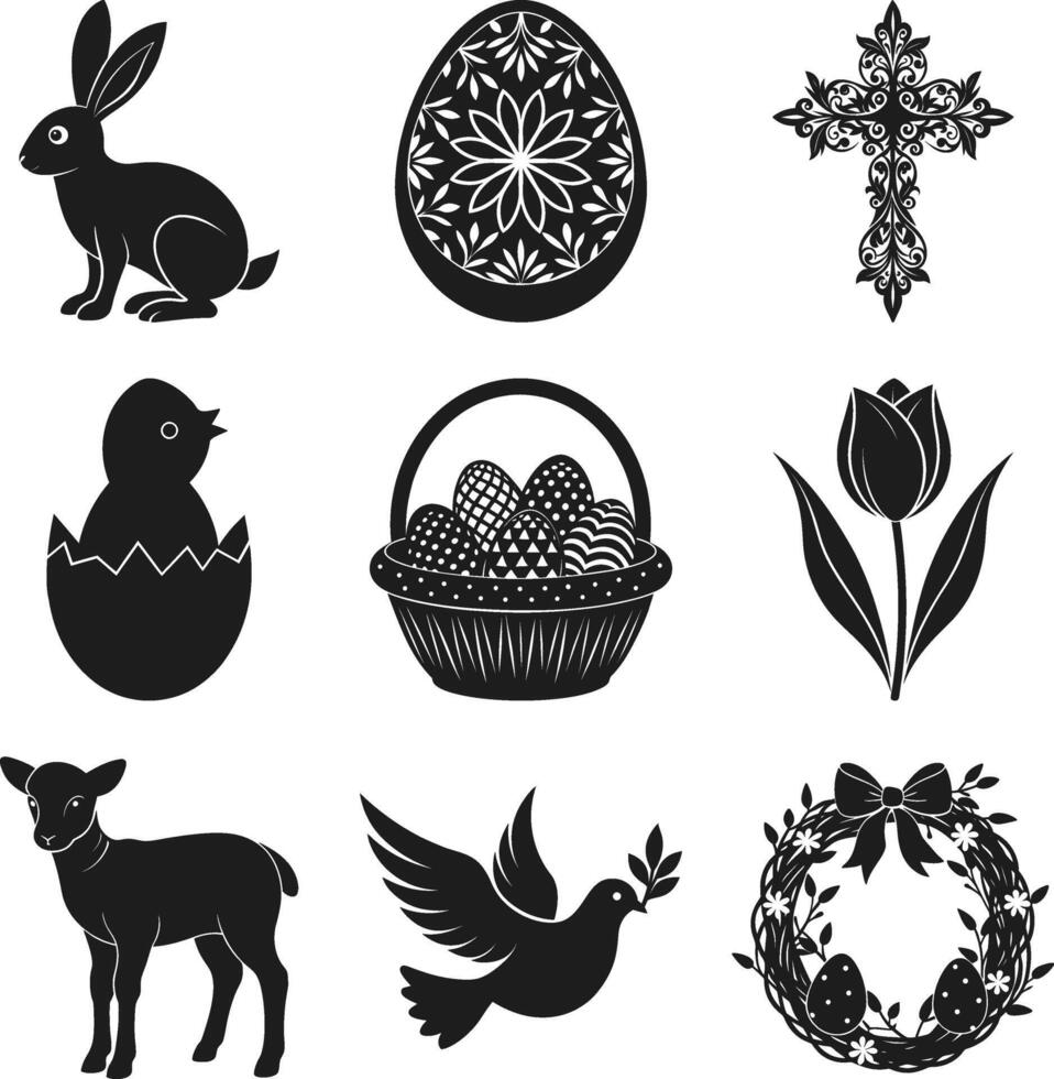 Easter Symbols Silhouette Set with Bunny, Eggs, Cross, and Flowers vector