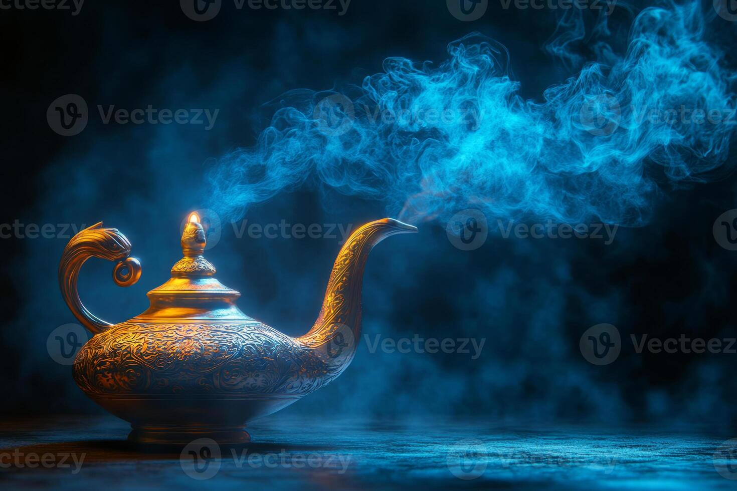 Golden genie lamp with smoke on dark background photo