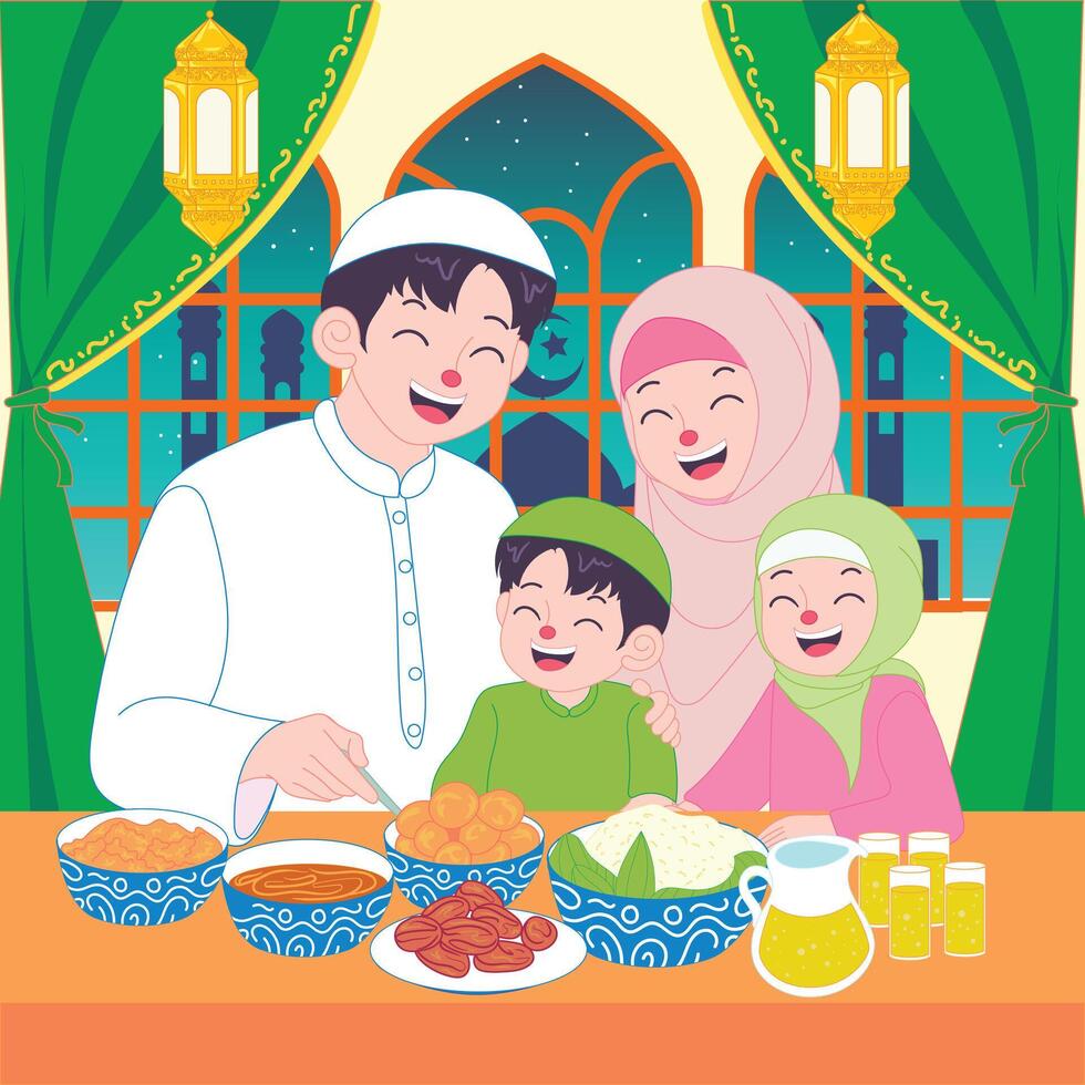 Happy Muslim family breaking fast in Ramadan, enjoying iftar meal together with traditional food at home. vector