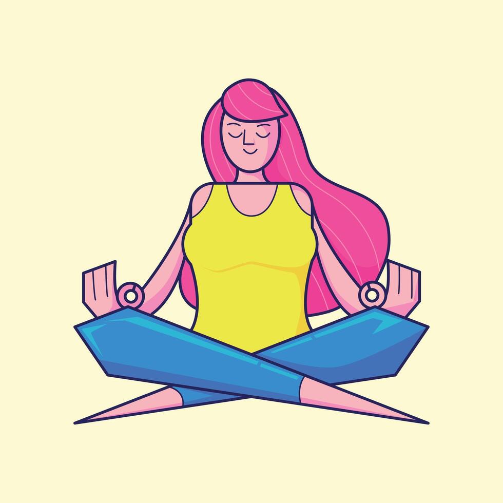 Illustration of a woman meditating in lotus pose, relaxing with mindfulness. Modern cartoon style. vector
