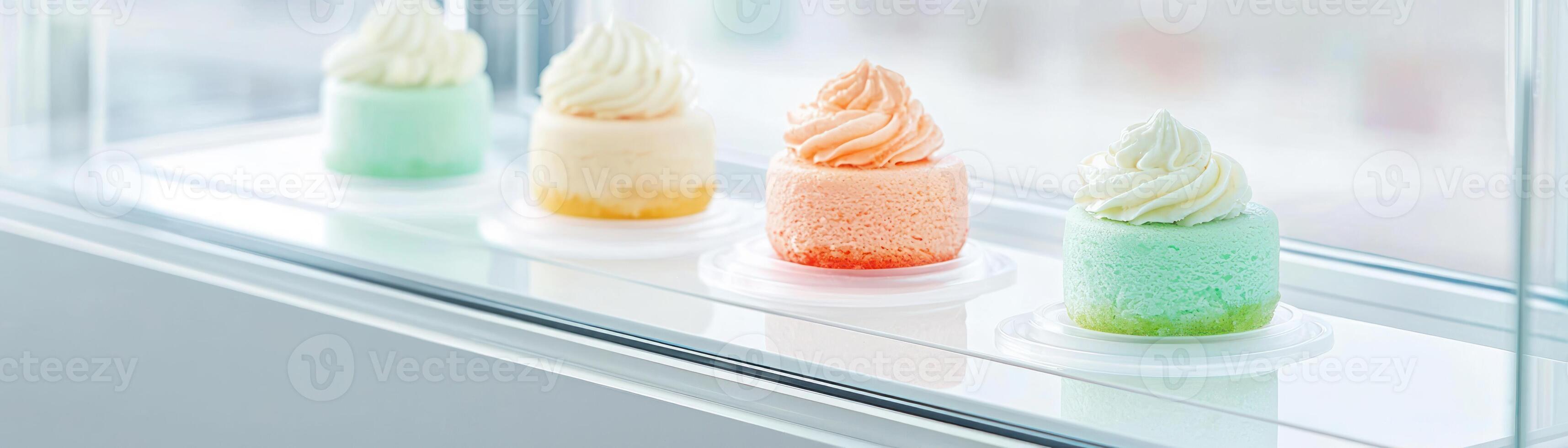 Delicious pastel-colored cupcakes displayed elegantly on a clean countertop. photo