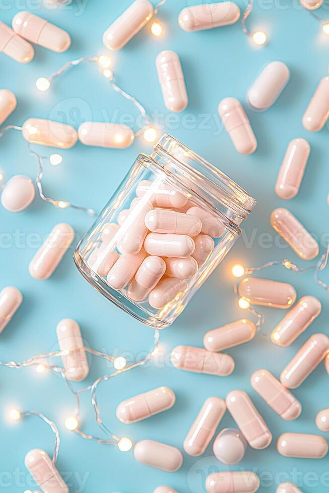 A jar of pink capsules surrounded by scattered pills and string lights on a blue background. photo