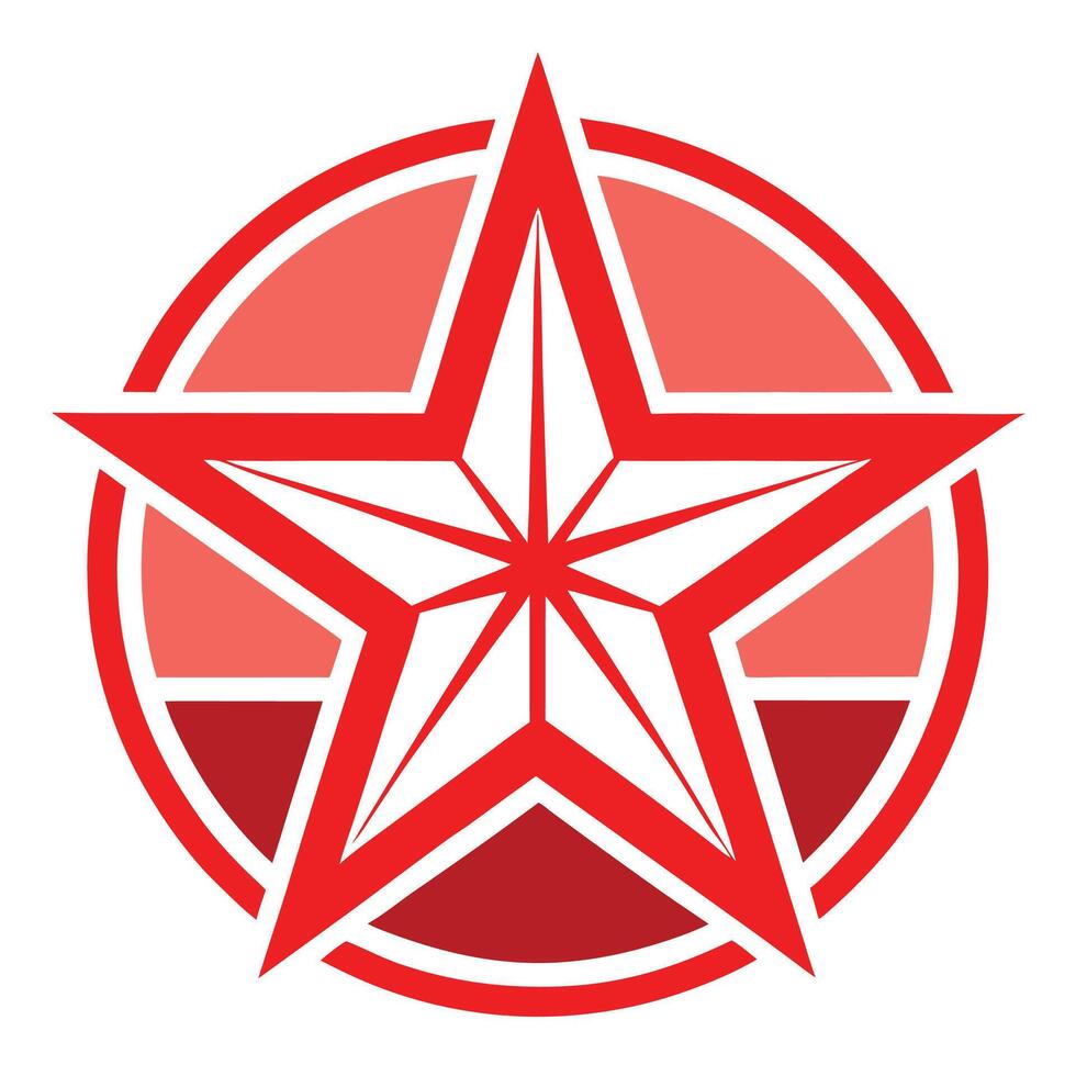 Red star logo, geometric design, circular emblem, symmetrical pattern, bold graphic, military insignia style vector