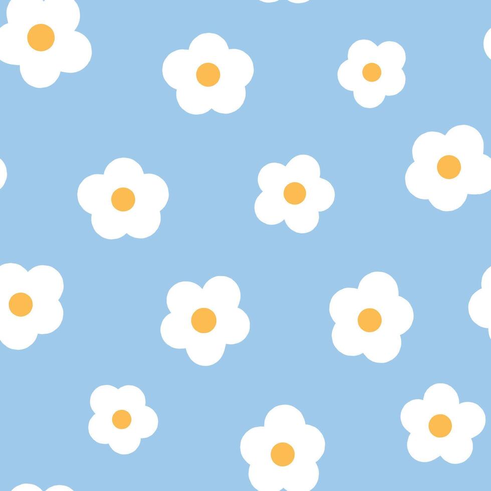 Groovy flowers pattern with white camomiles on blue background for nursery textile prints, kids apparel, wallpaper, planners, digital paper, stationery, wrapping paper, etc. EPS 10 vector