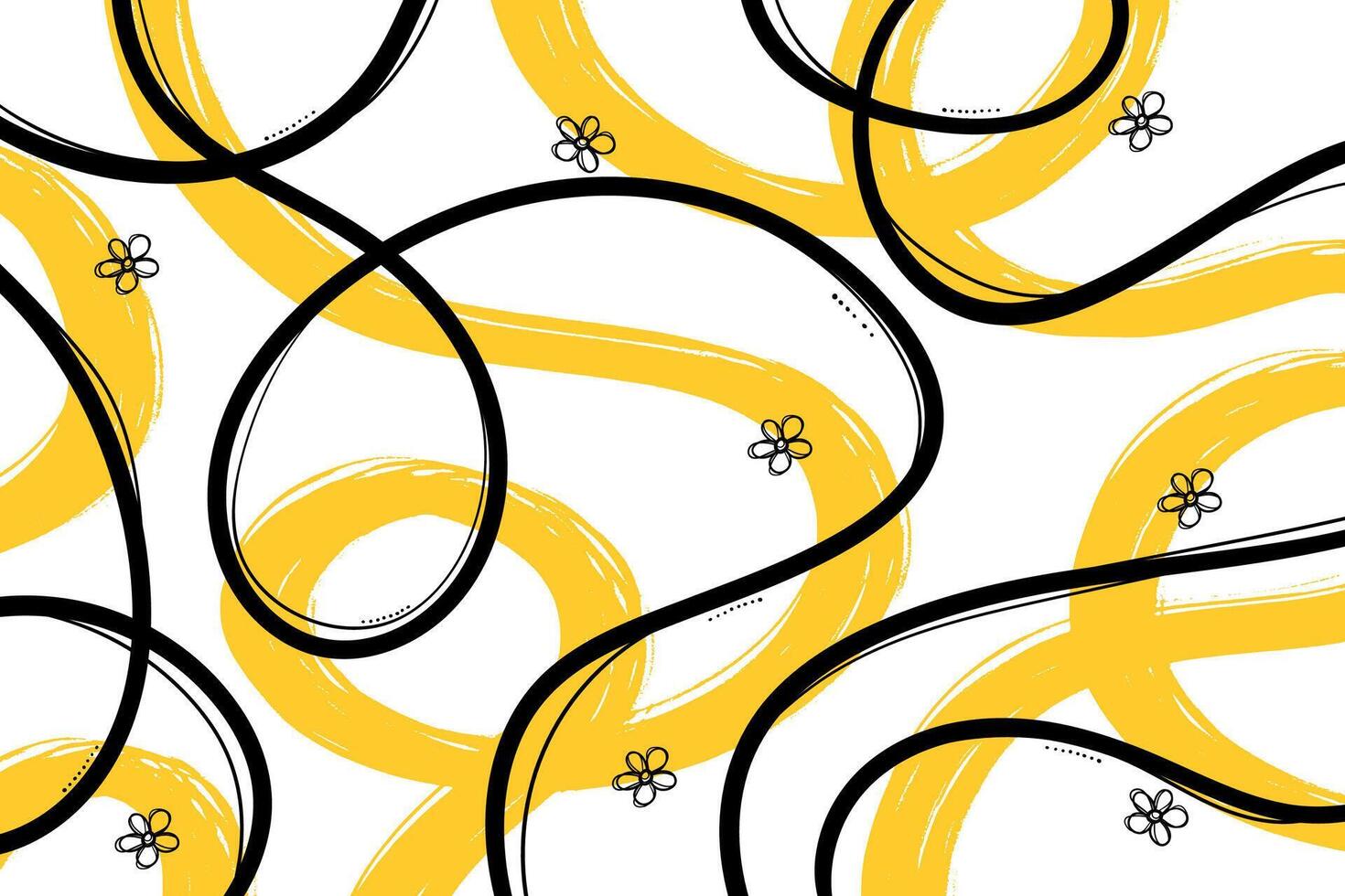 Playful Yellow and Black Bold and Grunge Doodle Wavy Noodle Lines with Flowers. Geometric abstract curvy swirls. Playful modern and simple wall art with trendy colors. Retro childish background vector