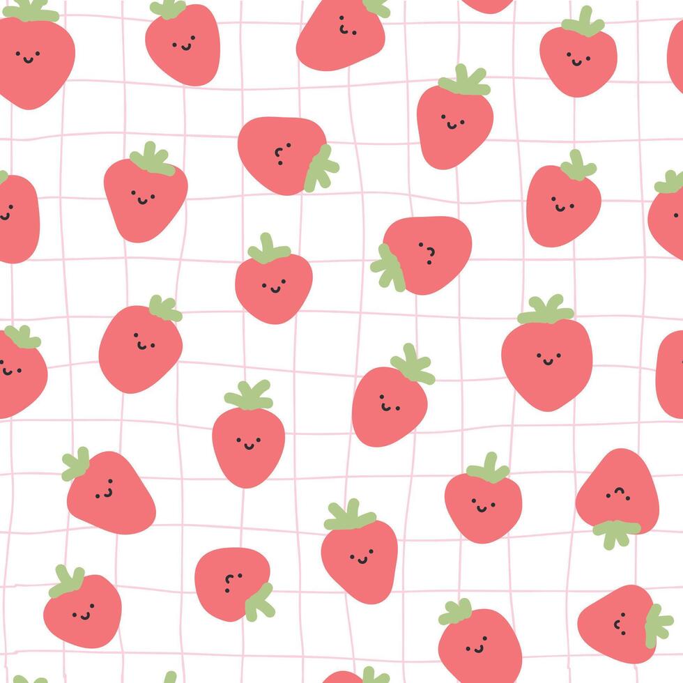 Kawaii strawberries seamless pattern with checkered background for nursery prints, wallpaper, planners, stationery, digital paper, scrapbooking, textile, kids apparel, etc. EPS 10 vector