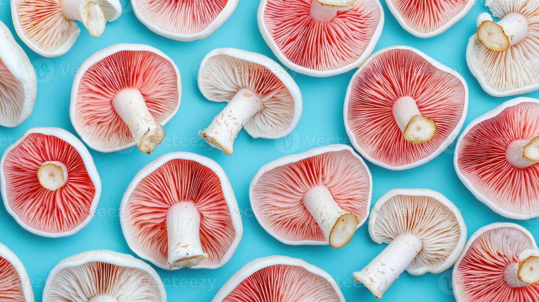 Colorful mushrooms arranged on a blue background, showcasing unique textures and colors. photo