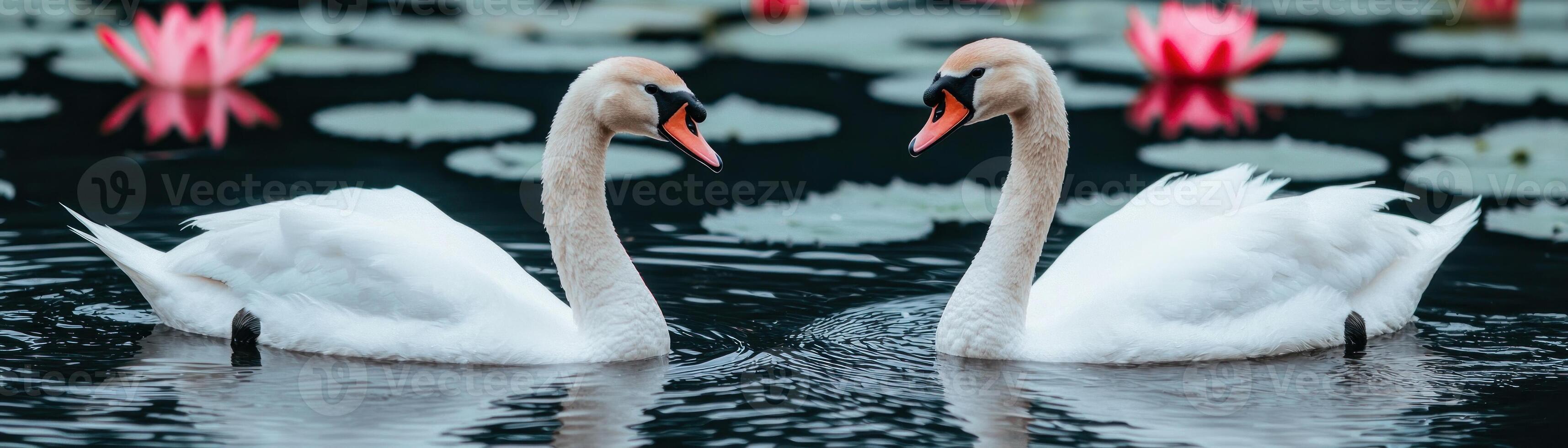 Two elegant swans gracefully glide across a serene water surface surrounded by lilies. photo