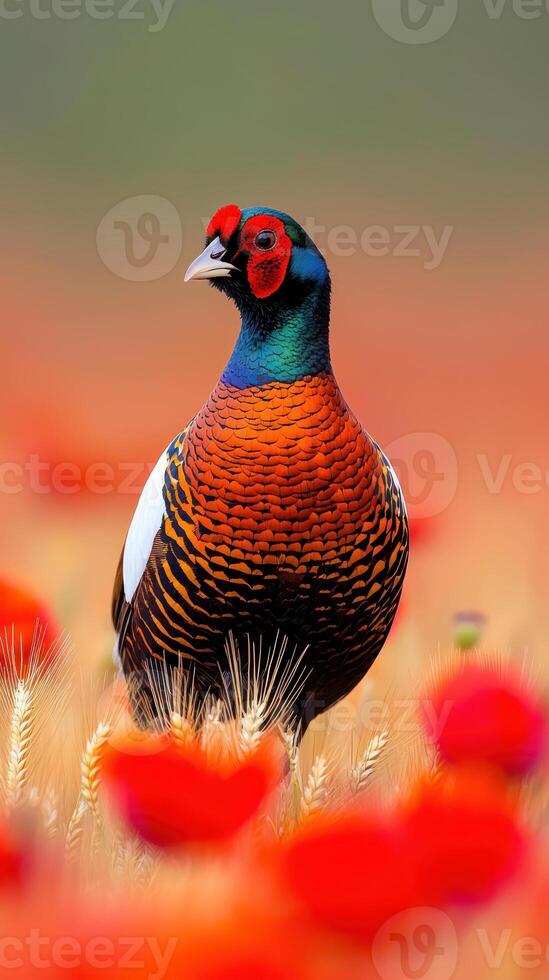 A vibrant pheasant stands among colorful wildflowers in a serene natural setting. photo