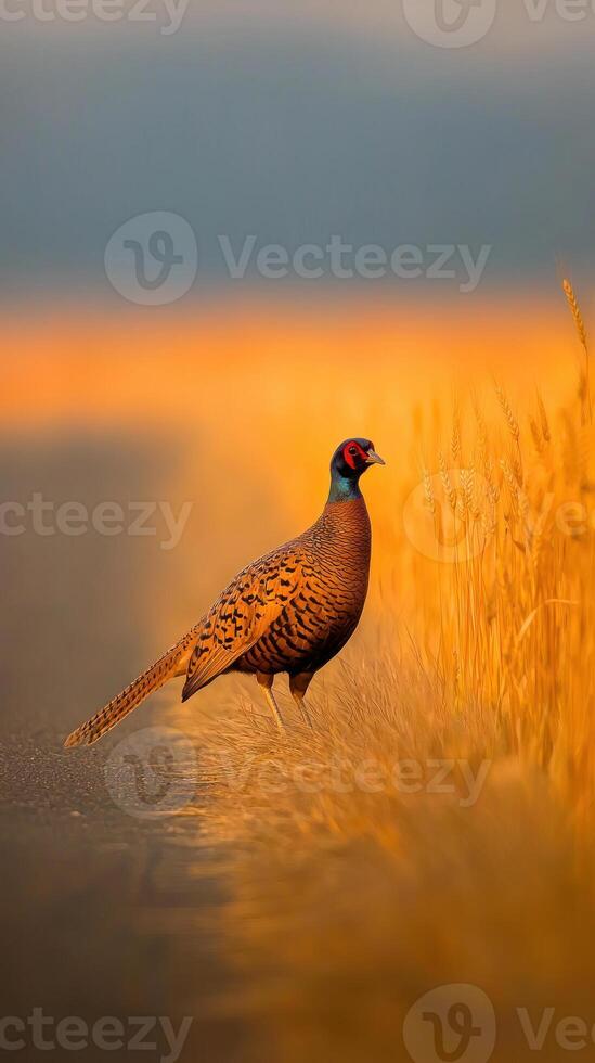 A solitary pheasant standing gracefully in a golden field at sunset. photo