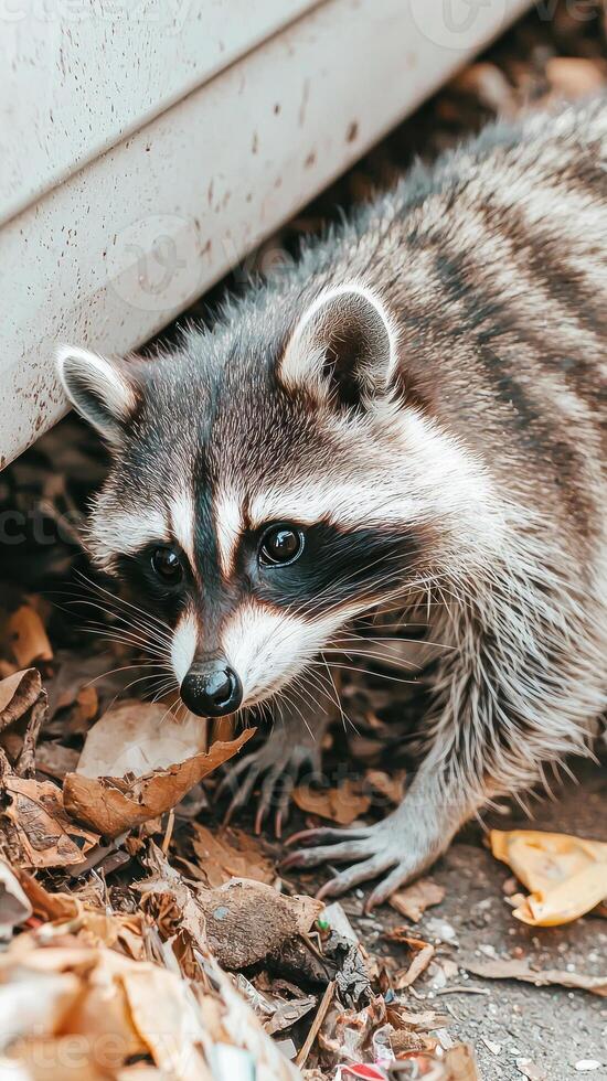 Close-up of a curious raccoon exploring fallen leaves in a natural environment. photo