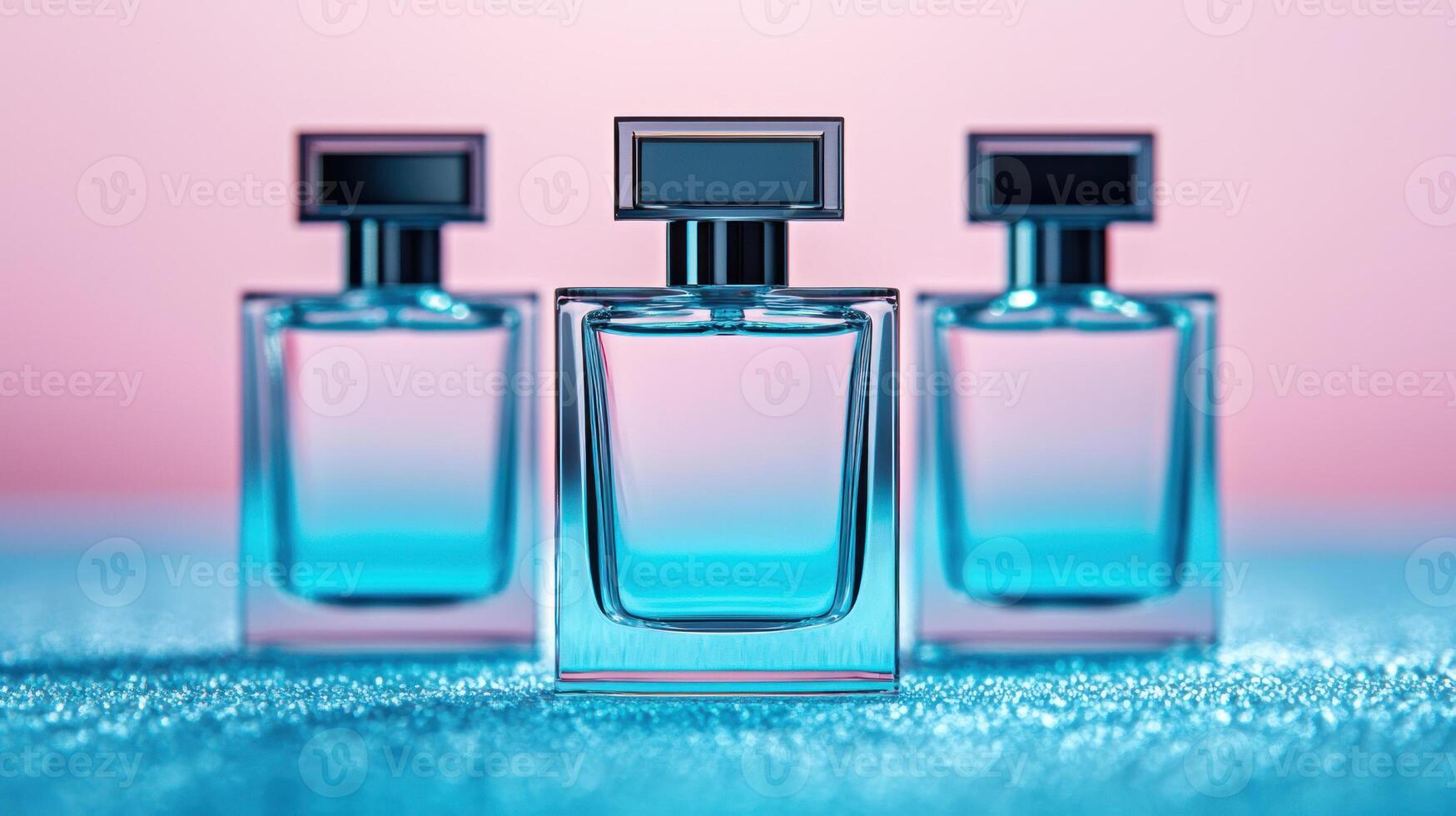 Elegant perfume bottles with a gradient of colors against a soft pastel background. photo