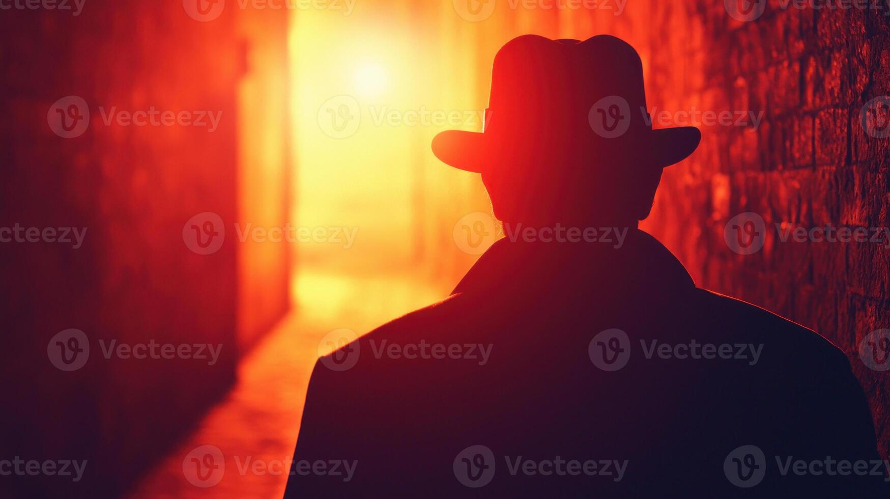 Mysterious figure in a hat standing in a dimly lit alley, evoking intrigue and suspense. photo