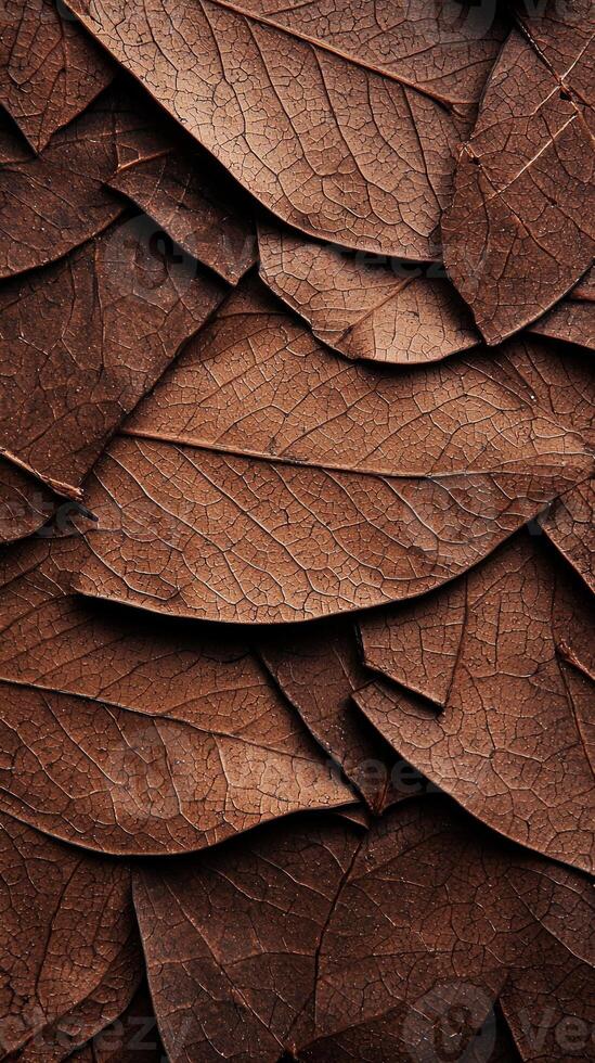 Close-up view of dried brown leaves, showcasing intricate patterns and textures. photo