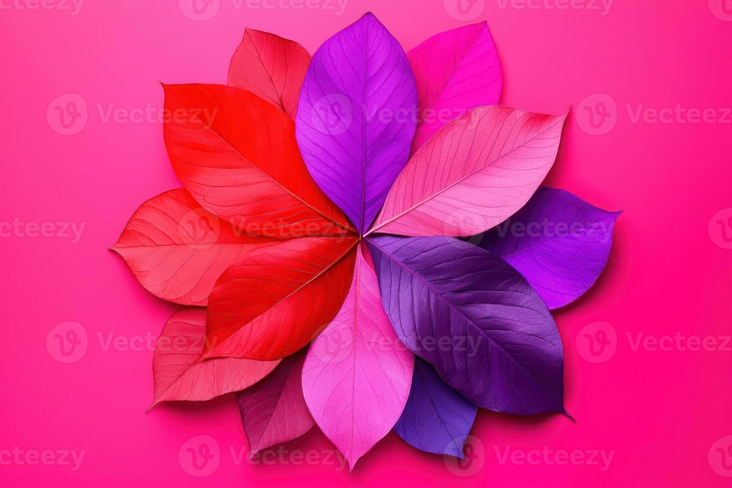 Colorful leaves arranged in a beautiful floral pattern on a pink background. photo