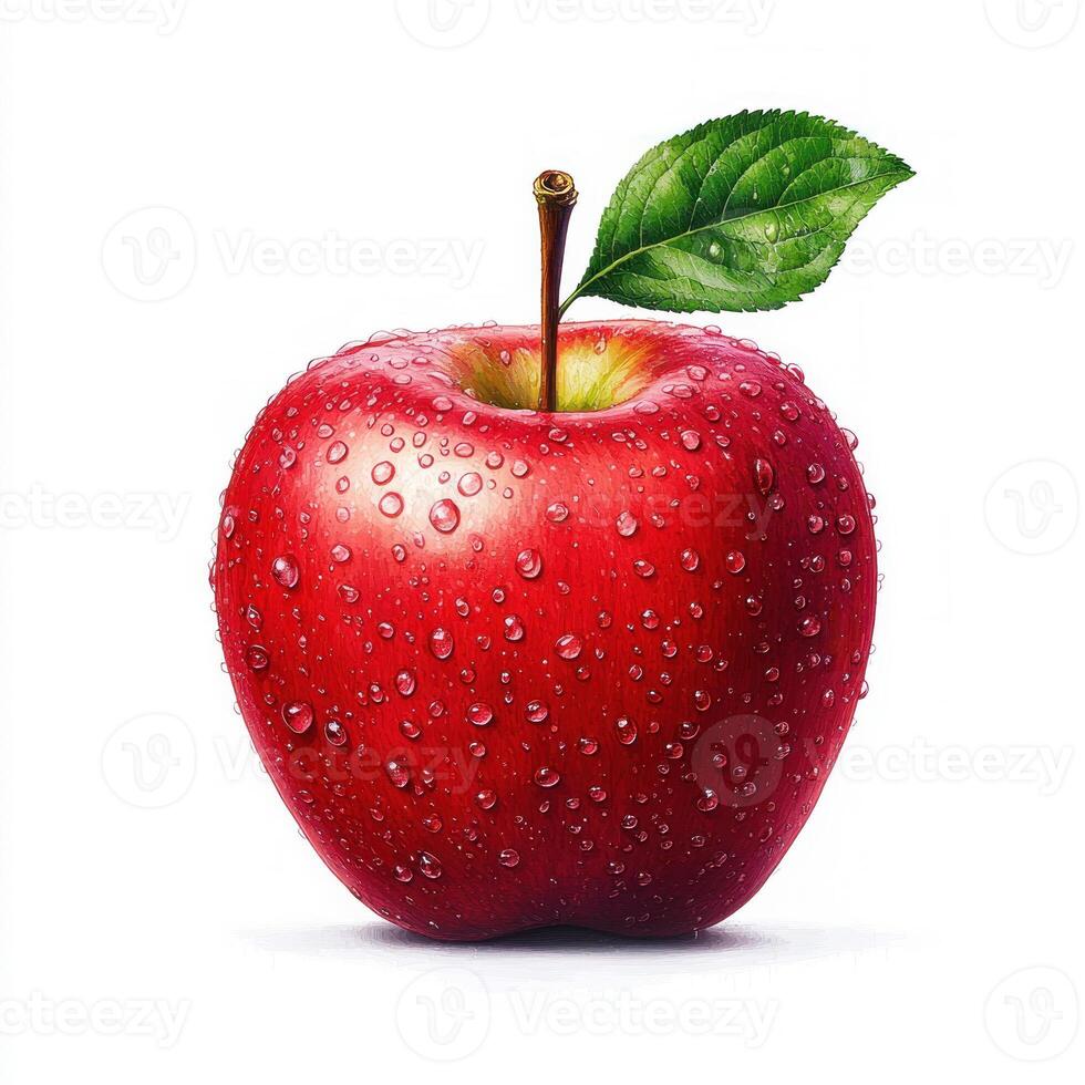 Fresh red apple with water droplets and a green leaf on a white background. photo