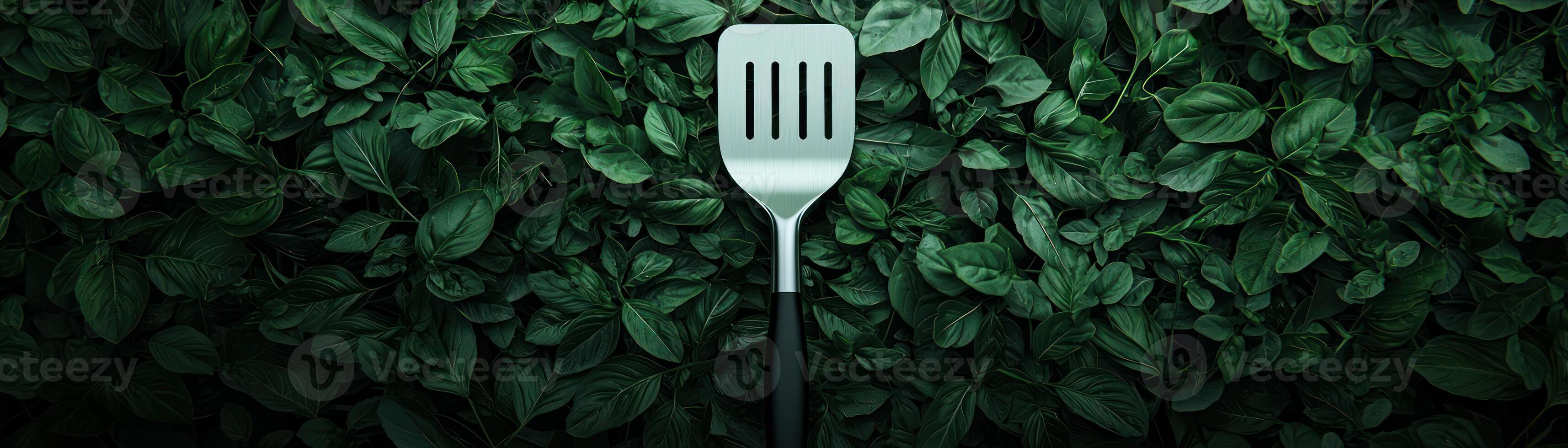 A stainless steel spatula against a backdrop of lush green leaves. photo