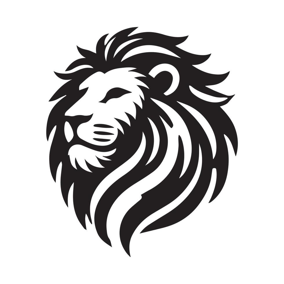 This black and white, stylized logo features a lion's head in profile view, set within a circular frame. vector
