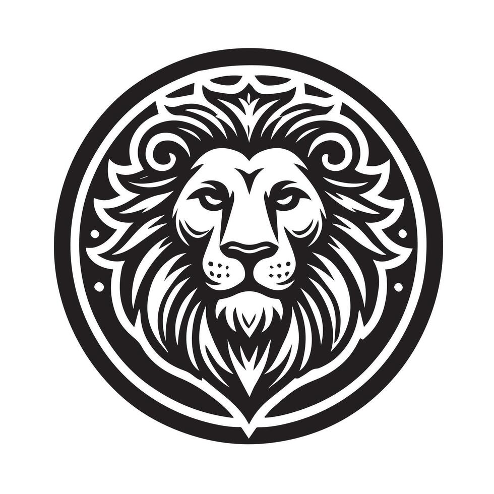 A stylized, black and white, graphic illustration of a lion's head. vector