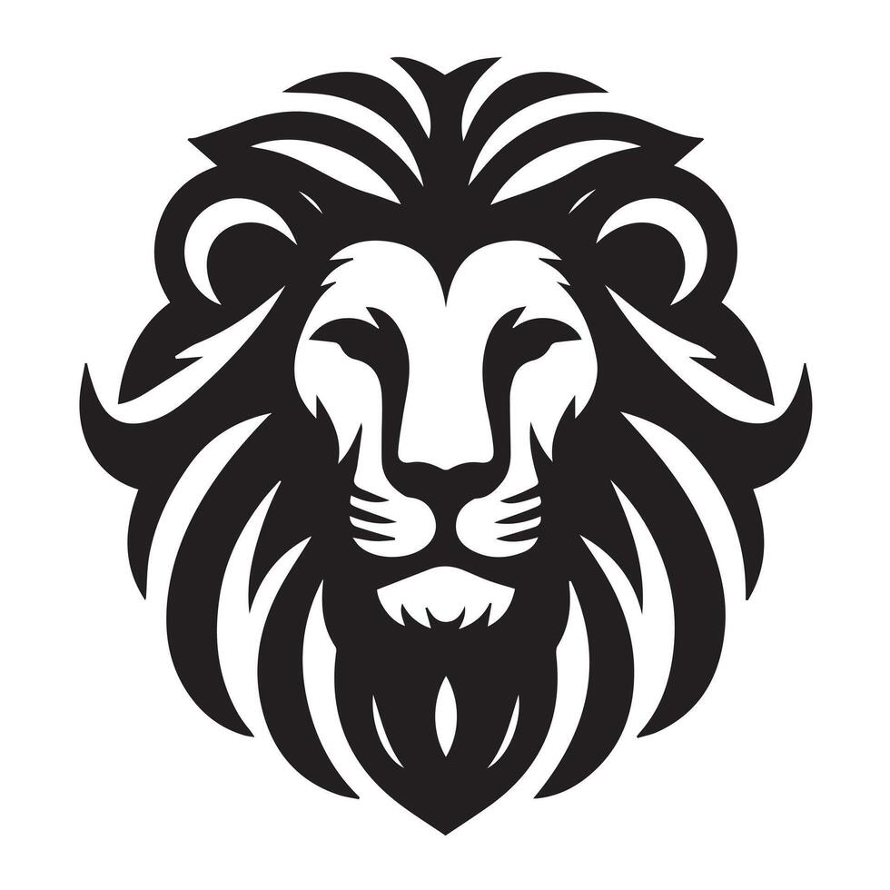A striking, stylized black and white graphic of a lion's head. vector