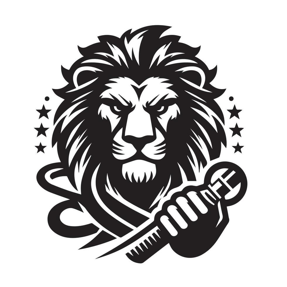 stylized black and white illustration of a lion's head, set against a circular backdrop. vector