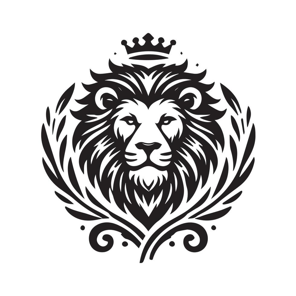 graphic of a lion's head, in white on a black background. vector