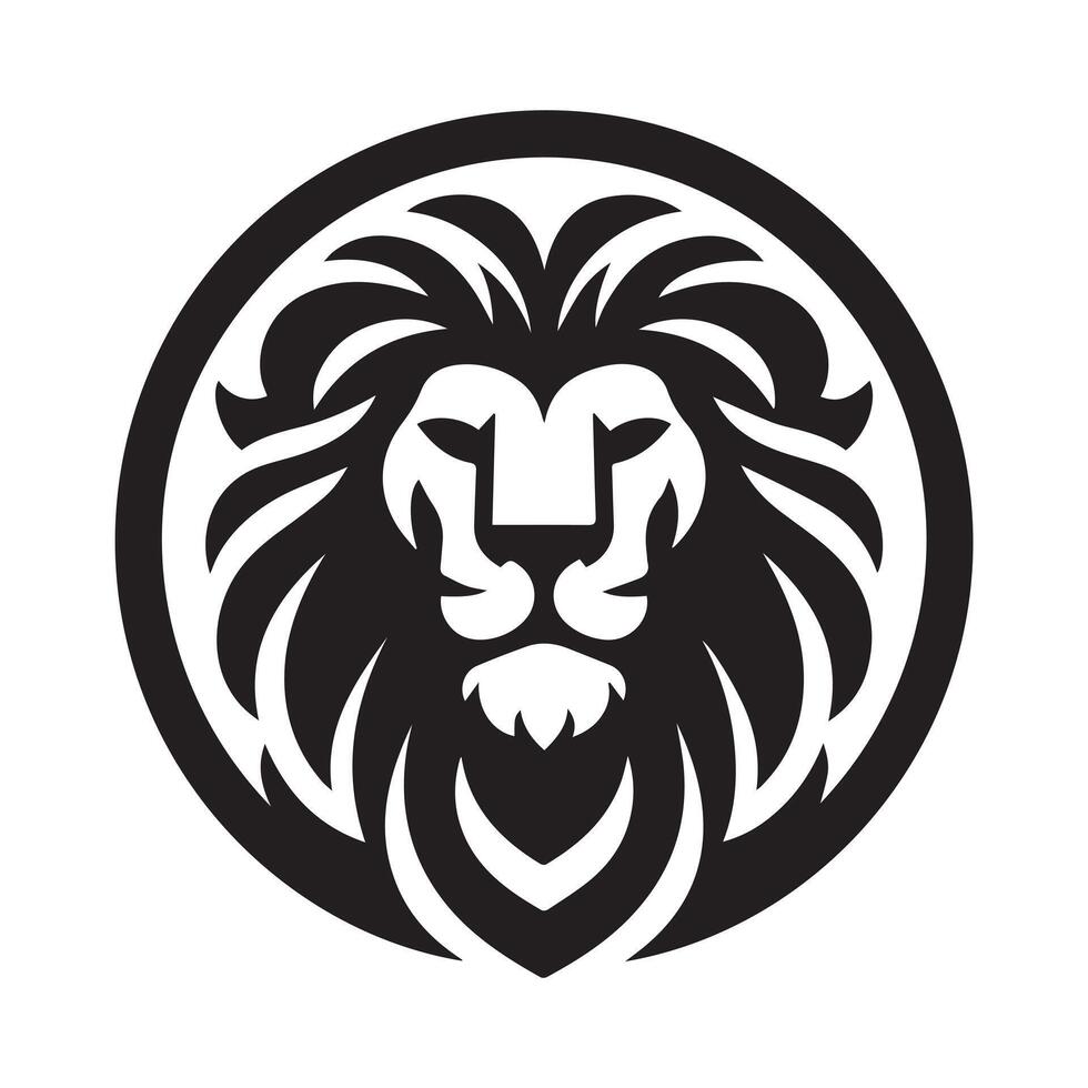 A striking, stylized, black and white graphic of a lion's head. vector