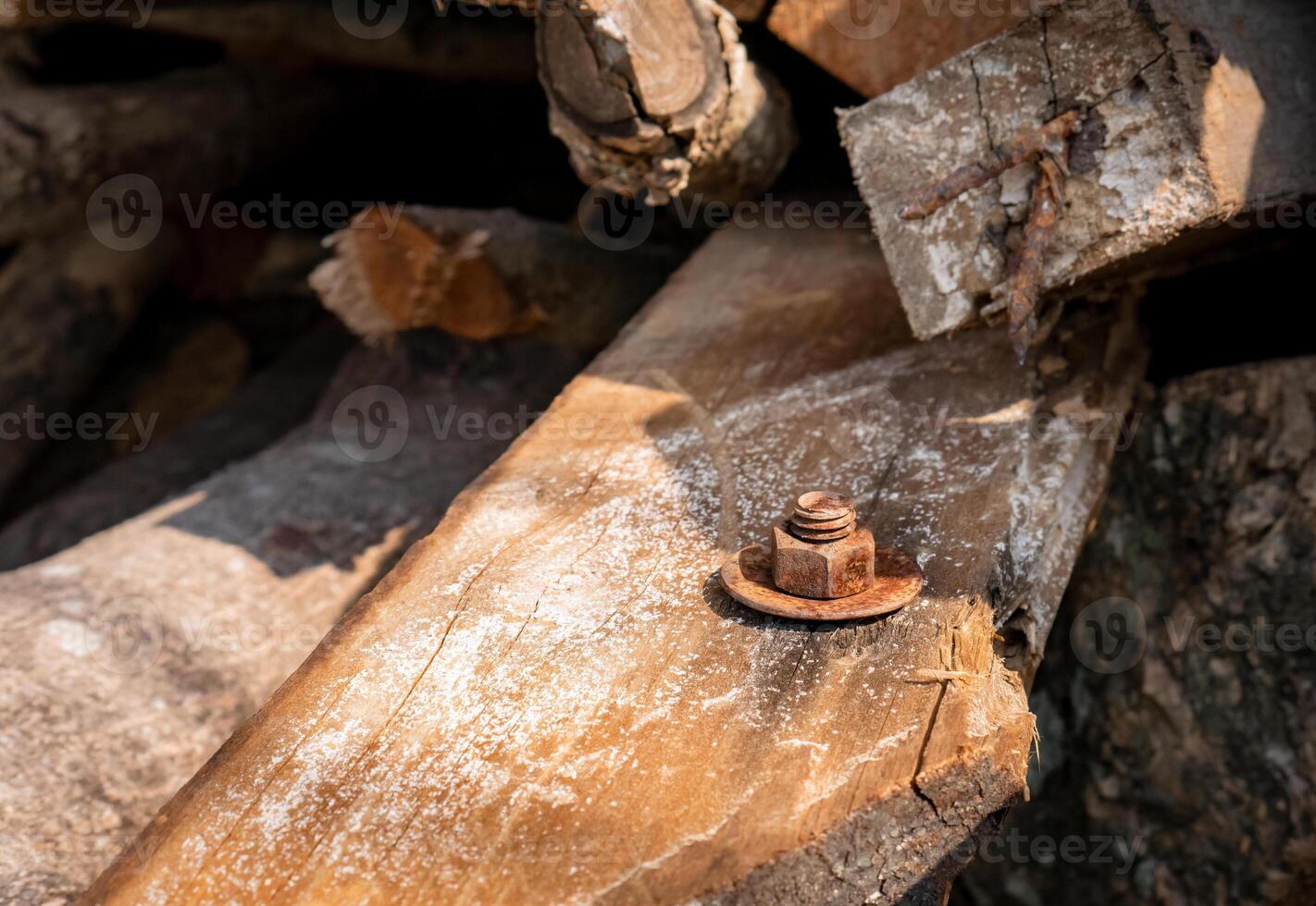 rusty bolts attached to scrap wood that will soon be thrown away photo