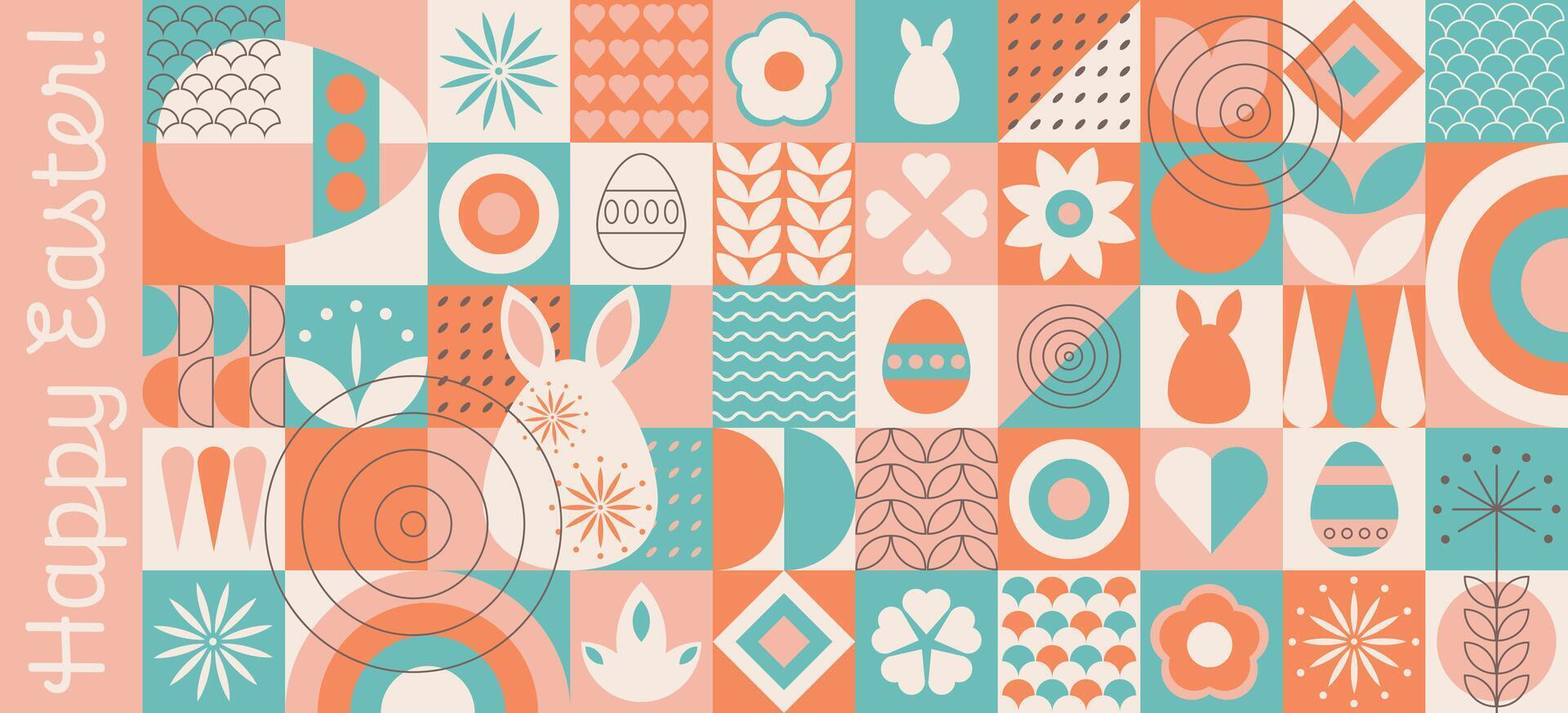 Easter geometric banner with simple geometric shapes and figures and symbols of the holiday. Religious celebration wallpaper with rabbits, flowers and eggs. illustration. vector