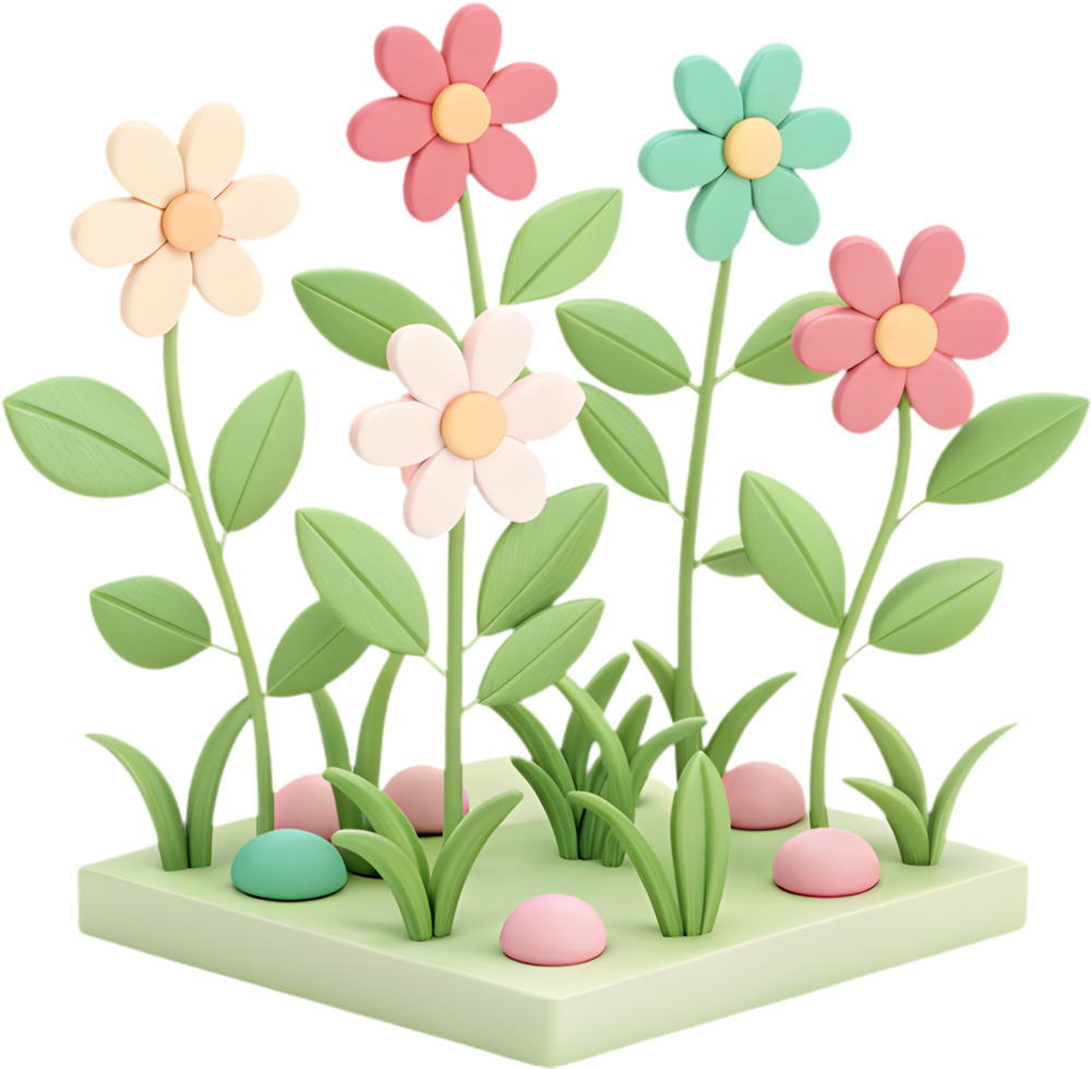 Beautiful Cartoon Flower Garden Illustration with Bright Colors. . png