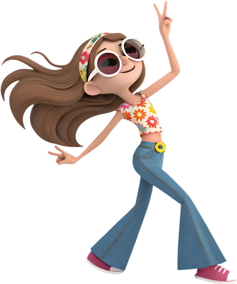 Cute girl with funky animated fashion in groovy retro style. . png