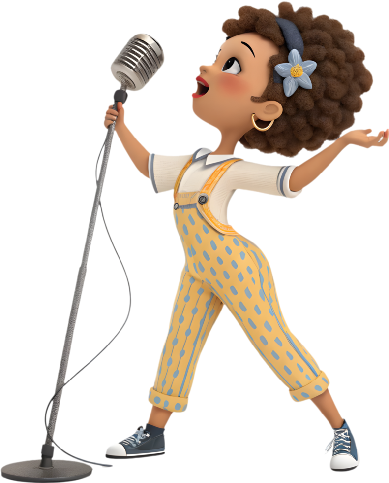 Cute girl with a cheerful animated design in groovy style. . png