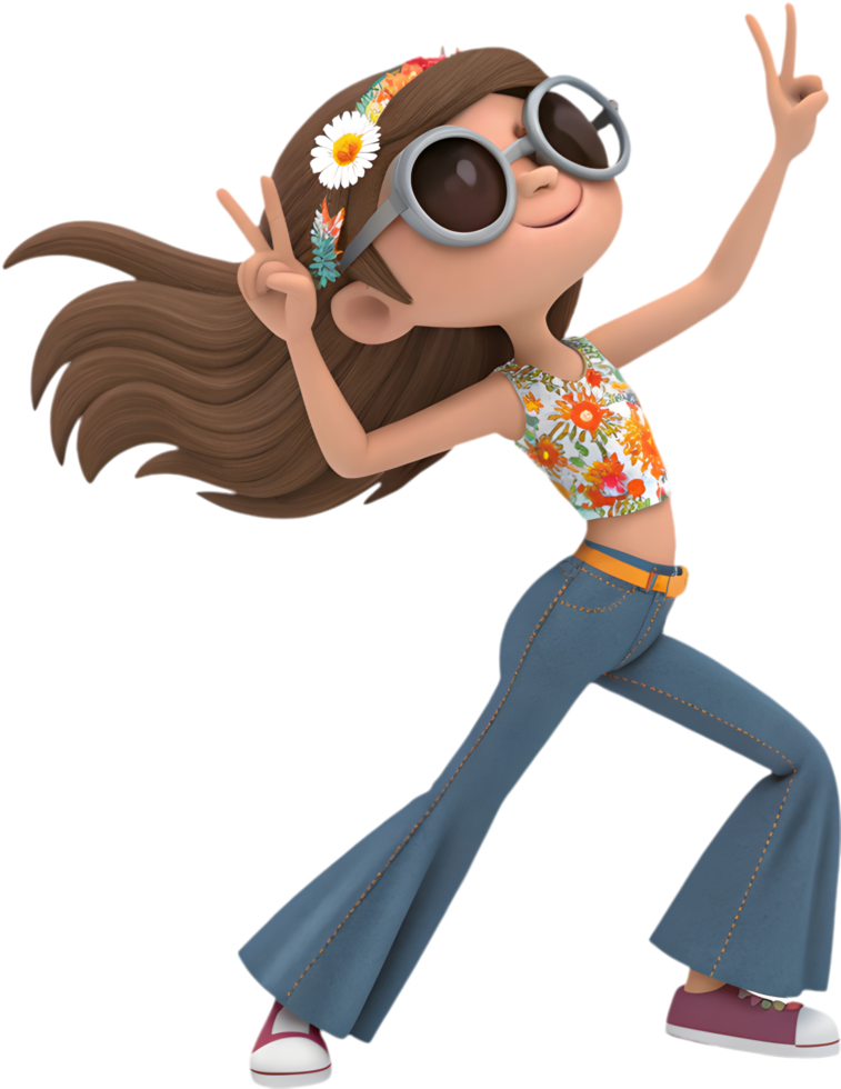 Cute girl in retro cartoon style with colorful accessories. . png