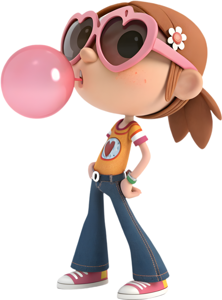 Cute girl in animated fashion with retro groovy vibes. . png