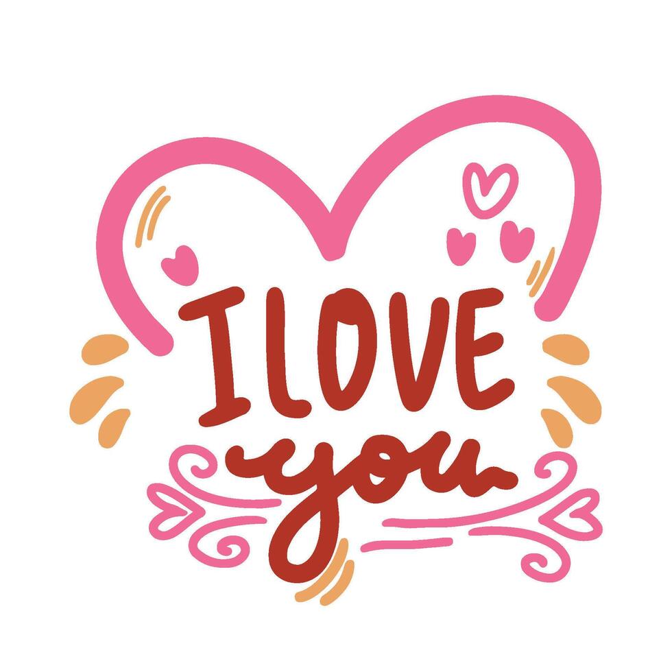 Valentine's day Greetings Card Sticker Lettering Typography Cute simple line heart shape i love you red pink vector