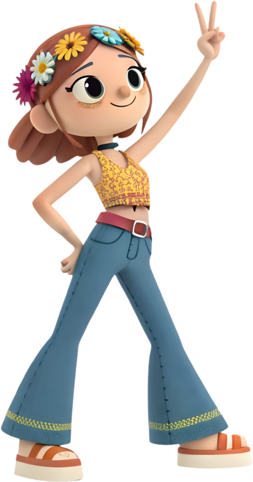 Cute girl with playful cartoon fashion in groovy style. . png