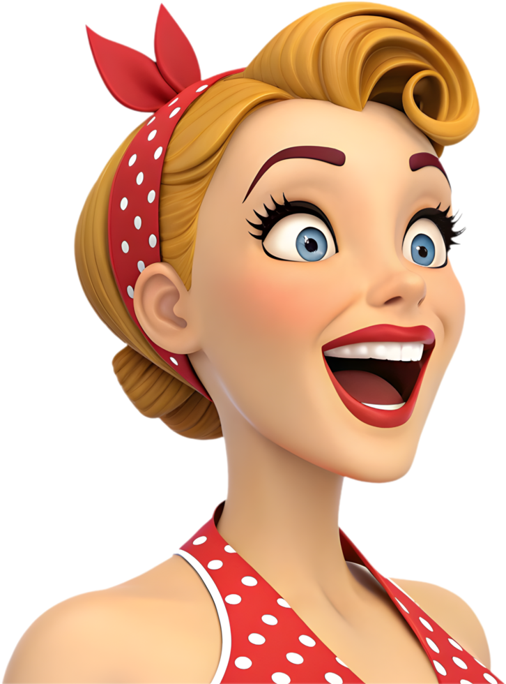Retro pin-up girl icon with exaggerated playful expression for lively digital artwork. . png
