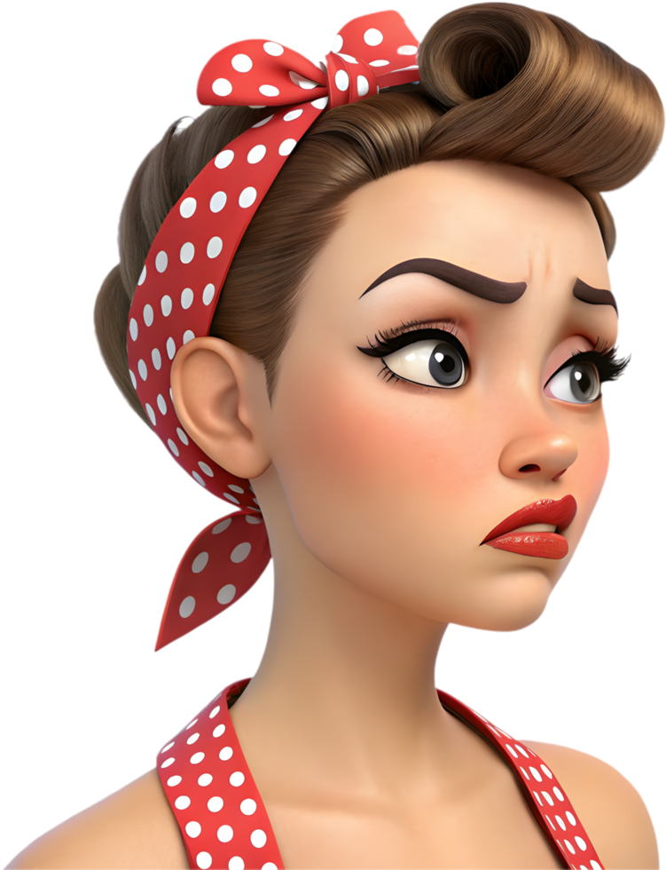 Retro pin-up girl icon with playful exaggerated emotional expression for digital artwork. . png