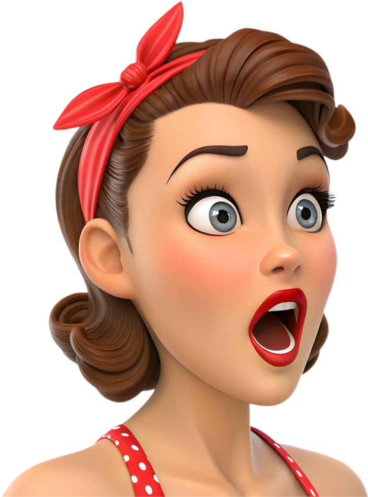 Retro-style pin-up girl icon with bold exaggerated expression for fun clipart design. . png