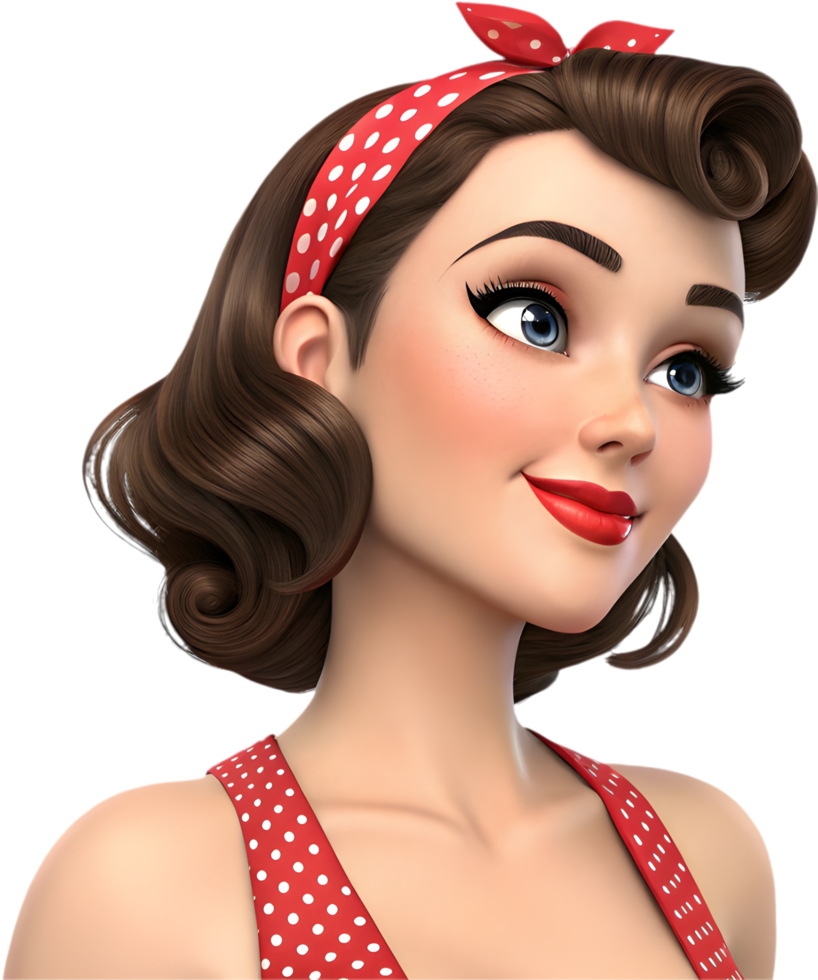 Exaggerated pin-up girl icon with flirtatious expression for charming retro artwork. . png